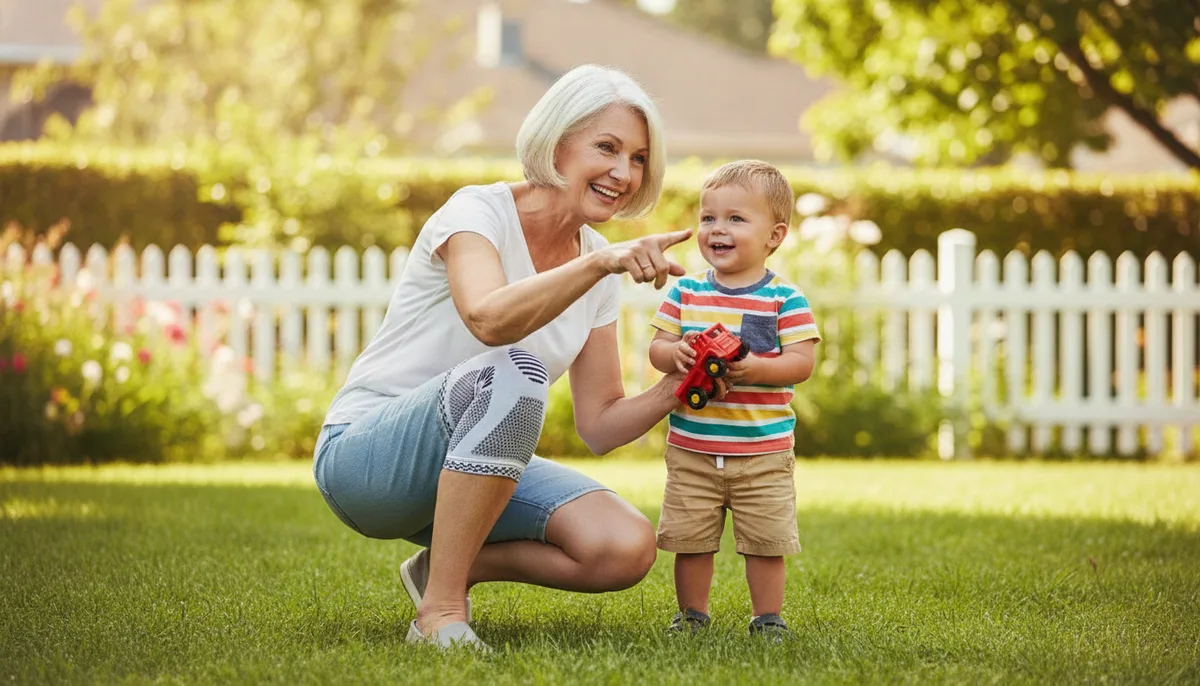 A grandmother wearing the Compressa sleeve playing in the yard with her grandson