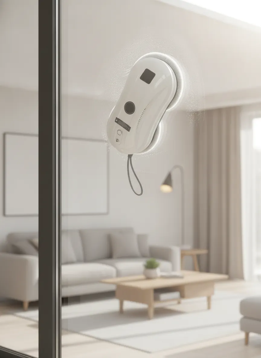 Glassy robot cleaning a large living room window