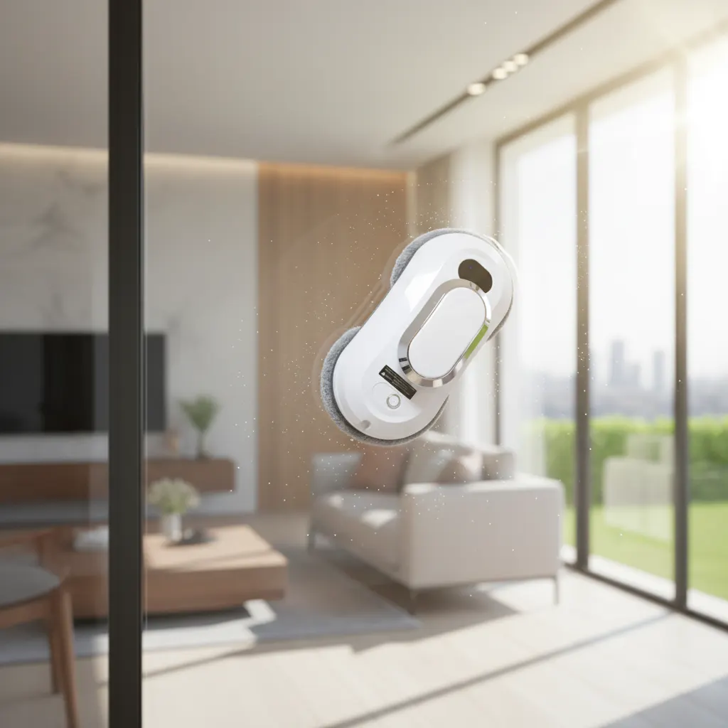 Glassy robot cleaning a large living room window