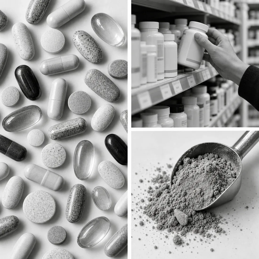 Editorial collage of supplement capsules, a store shelf, and botanical powder