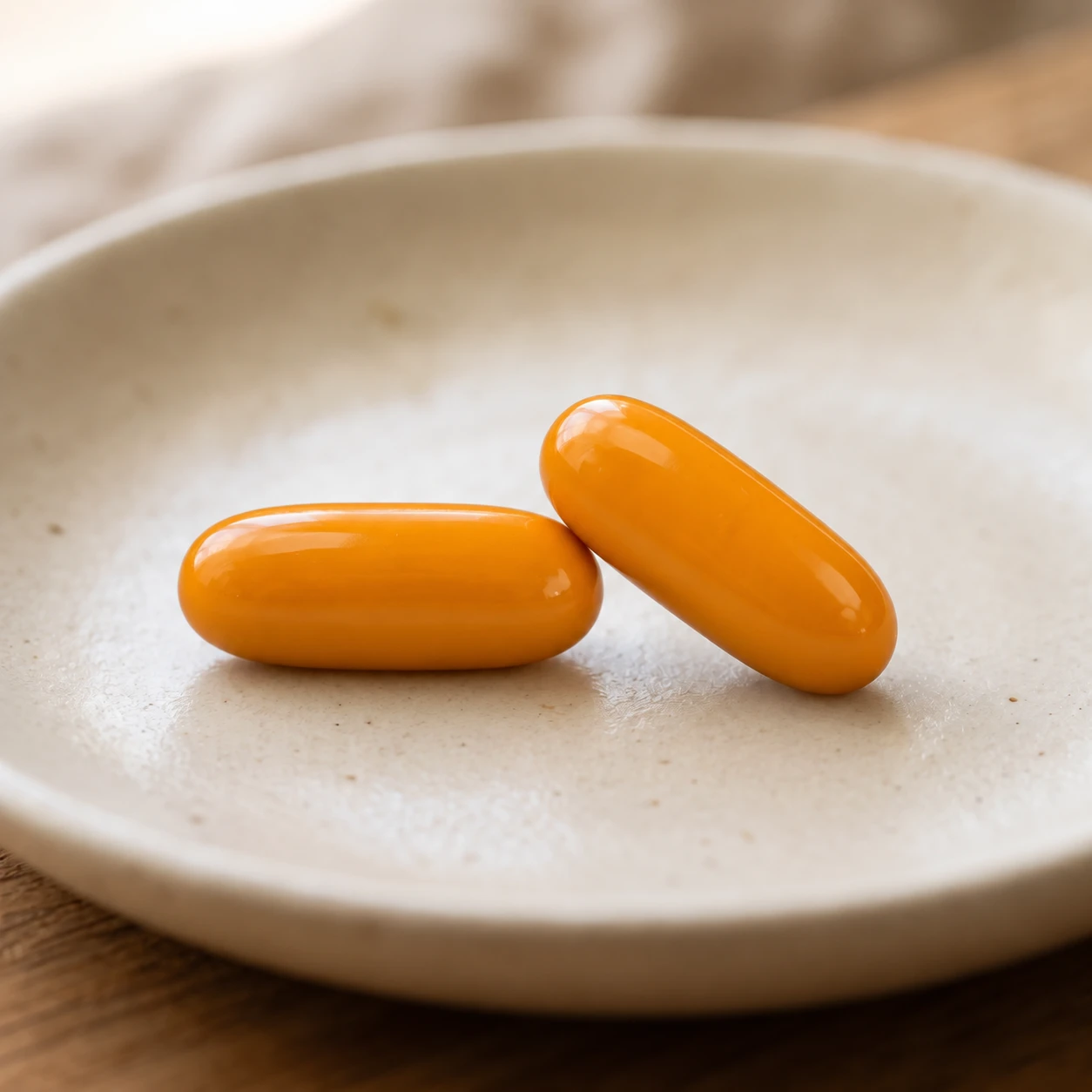 Two glossy, opaque orange Curcumin+ softgels