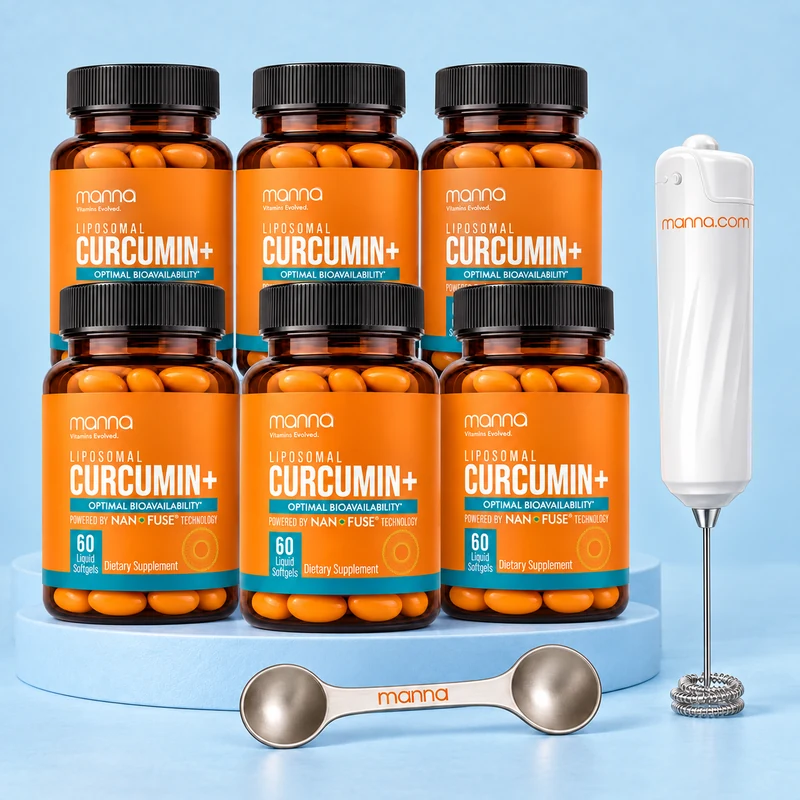 6 Manna Curcumin+ bottles with a white Manna Mini Mixer and stainless steel measuring spoon