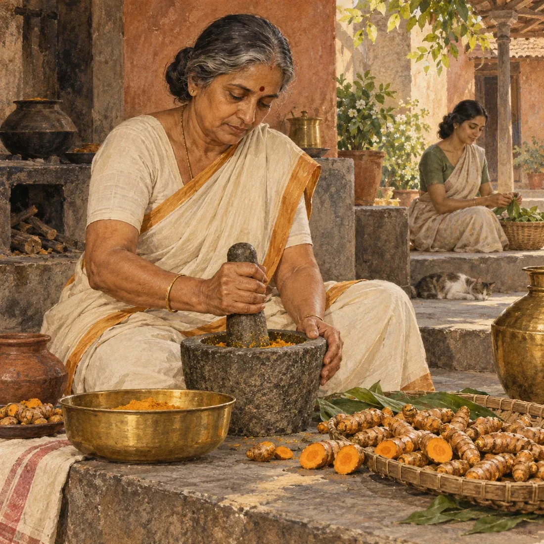 Historical-style illustration of traditional turmeric preparation in an Indian courtyard kitchen