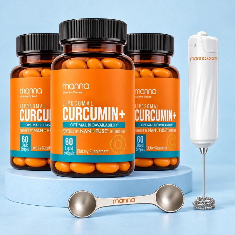 3 Manna Curcumin+ bottles with a white Manna Mini Mixer and stainless steel measuring spoon