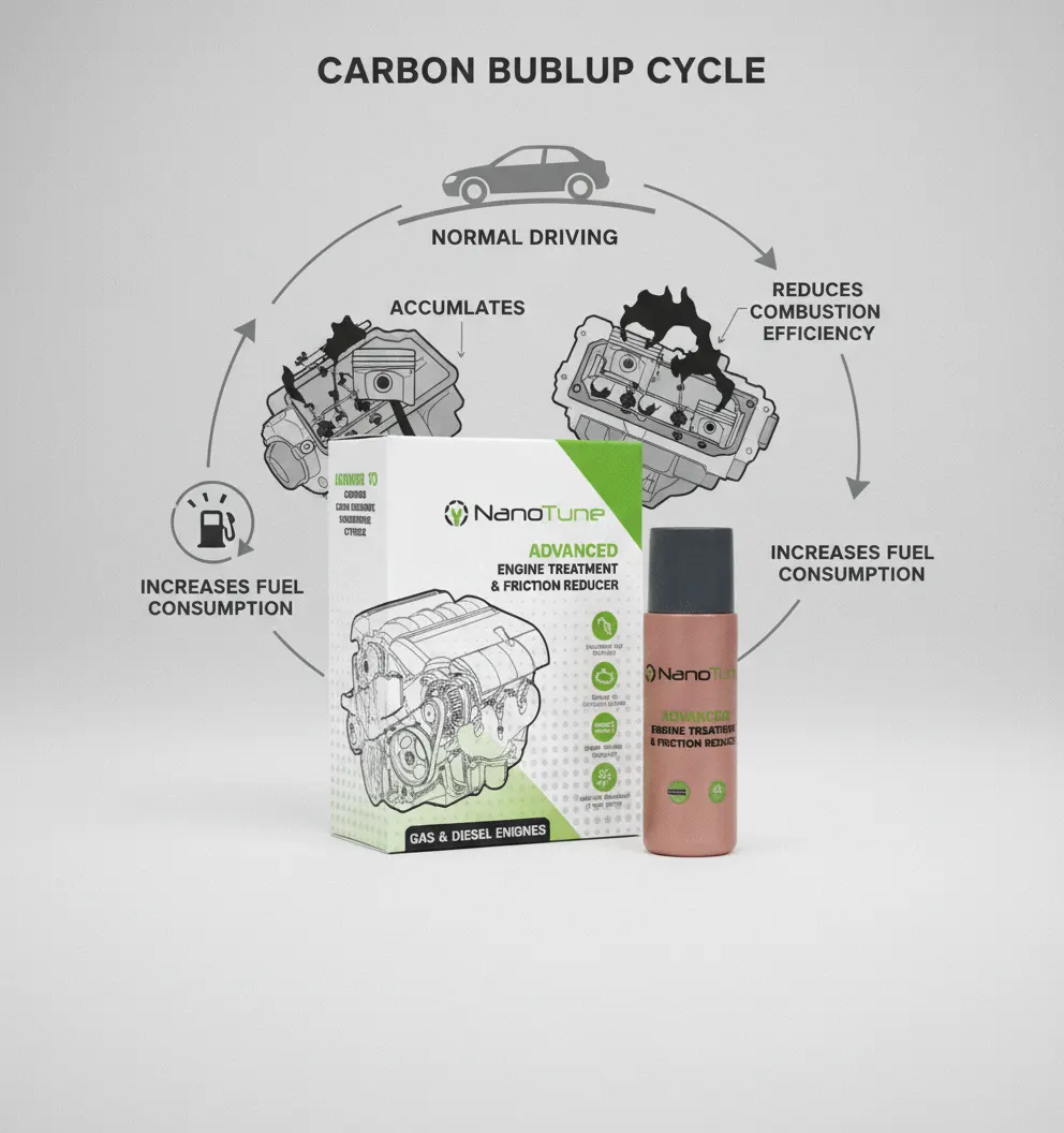 Diagram showing the carbon deposit cycle and its impact on fuel consumption